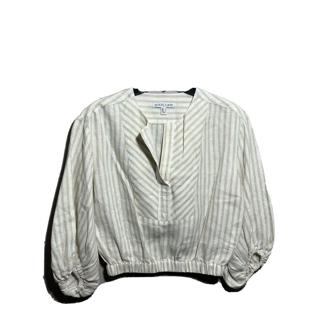 Shona Joy Puff Sleeve Crop Top 100% Linen Sz 2 Beige Striped NWOT